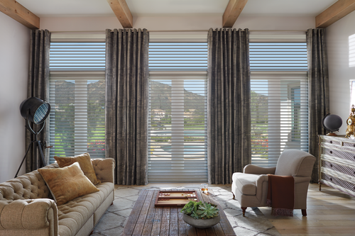 living room tall windows with drapery and silhouette shades covering in El Dorado Hills CA