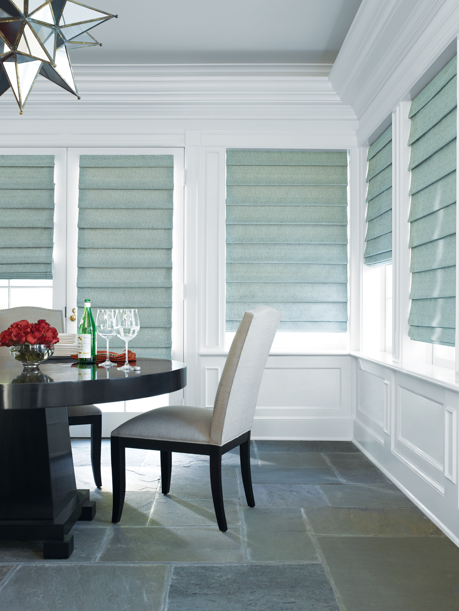 Beautifully decorated dining room roman shades Hunter Douglas Rocklin 95765