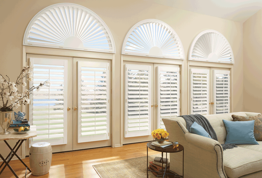 french doors with plantation shutters as arched window treatments Hunter Douglas Roseville 95661