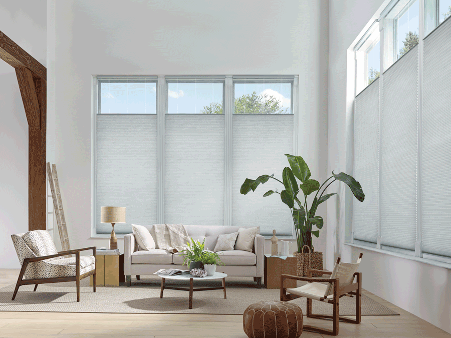 Top down bottom up shades closed in contemporary living room.