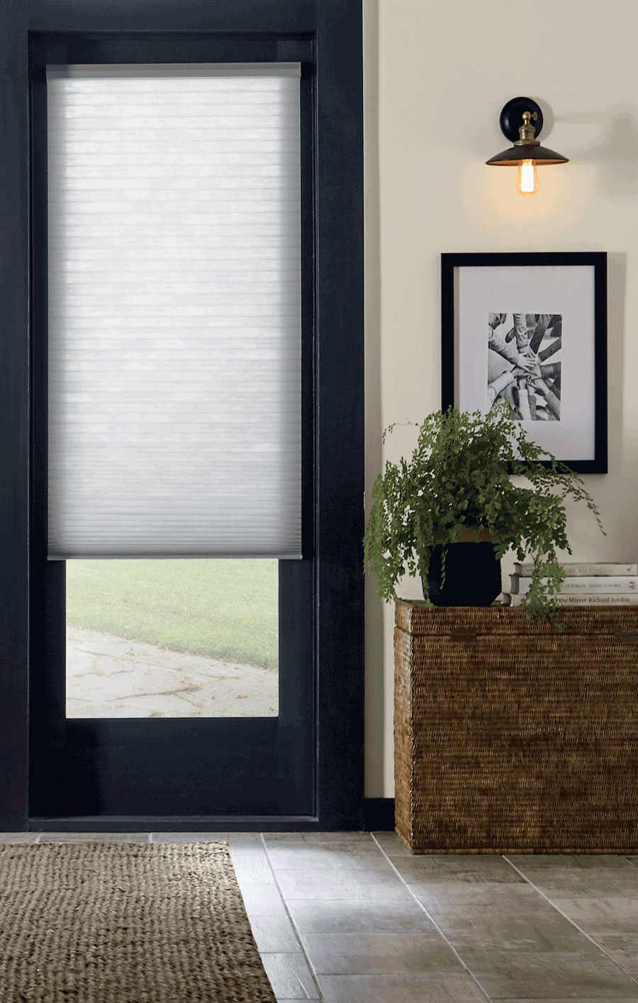 black framed patio door with gray duette window shade Roseville CA