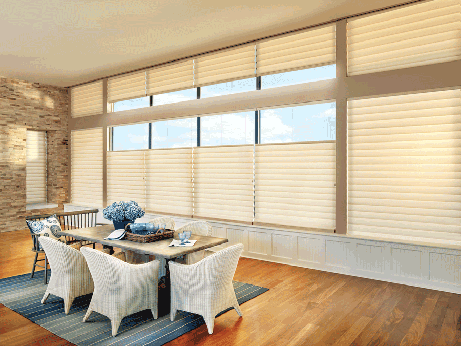 dining room wall of windows roman shades top down bottom up shades Rocklin CA