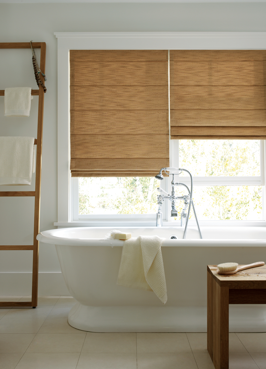 California bathroom with roman shades from our Design Studio Window Treatments collection.