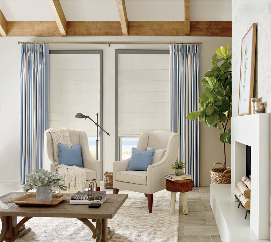 Layering the Design Studio Window Treatments in this California living room.