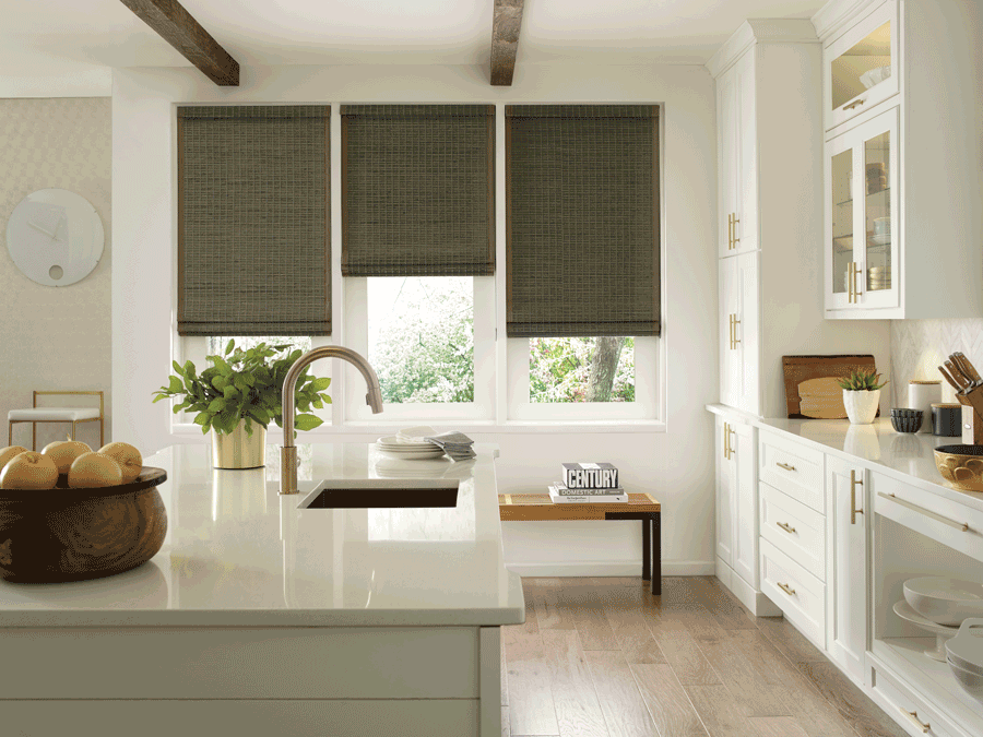 Woven farmhouse window treatments in Roseville, California.