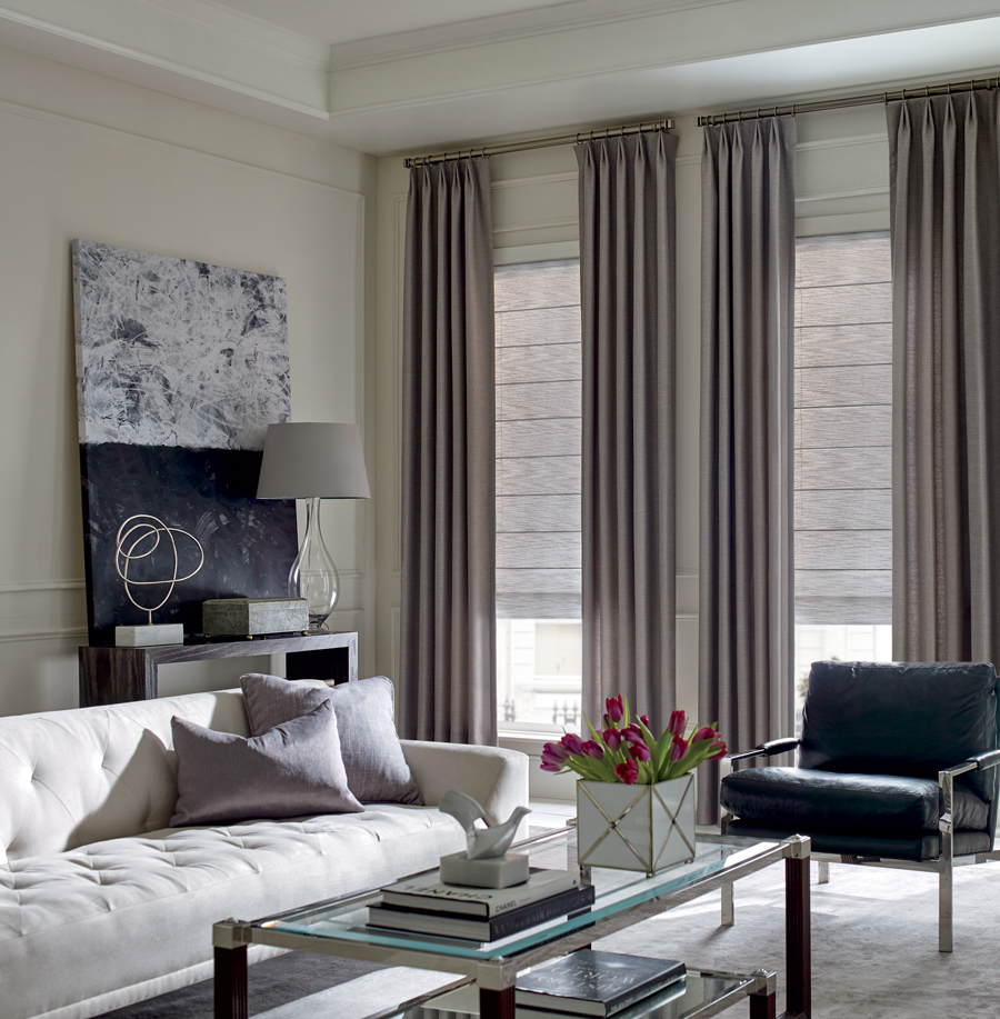 Custom draperies from the Design Studio Window Treatments collection in a California living room.