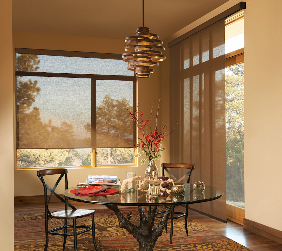 dining room reduce glare window treatments brown screen shades