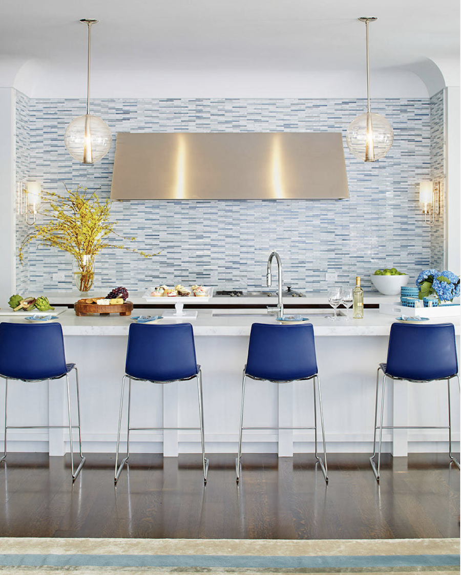 kitchen with blue backsplash Rocklin California matching blue chairs