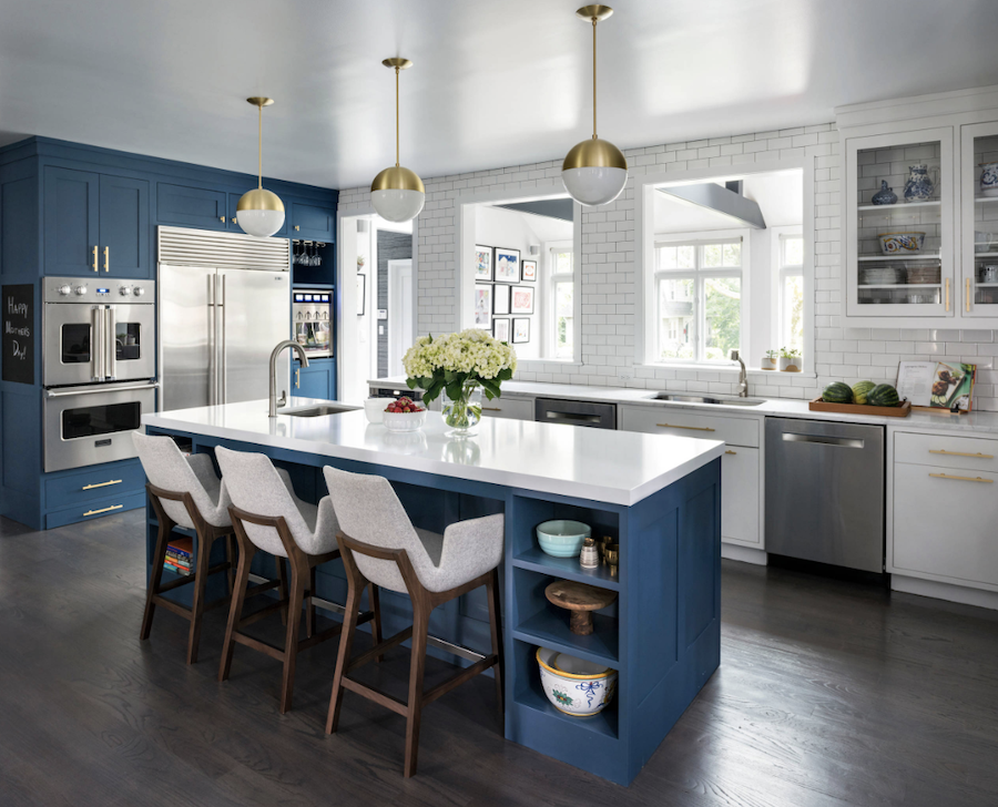 kitchen blue and white kitchen with gold accents