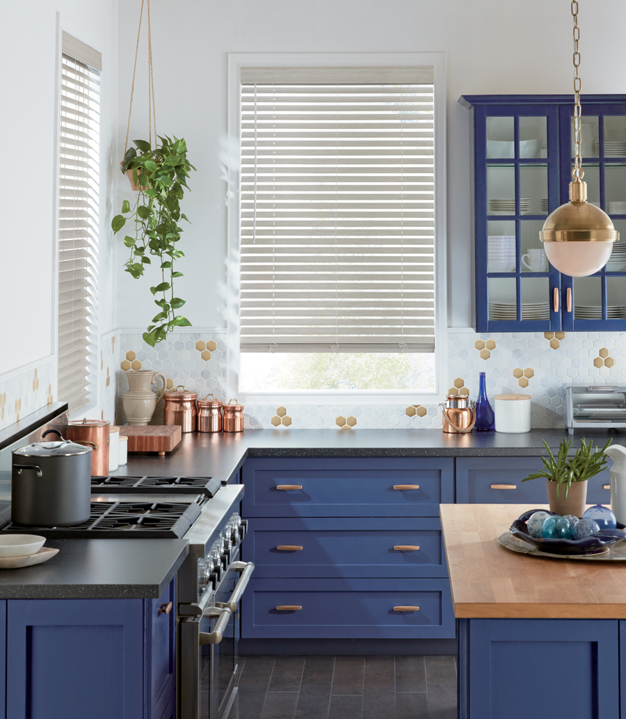 kitchen with white and gold walls and with faux wood blinds hunter douglas Rocklin California window fashions