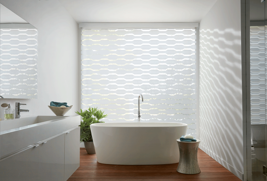 floor to ceiling window in bathroom with white designer shades