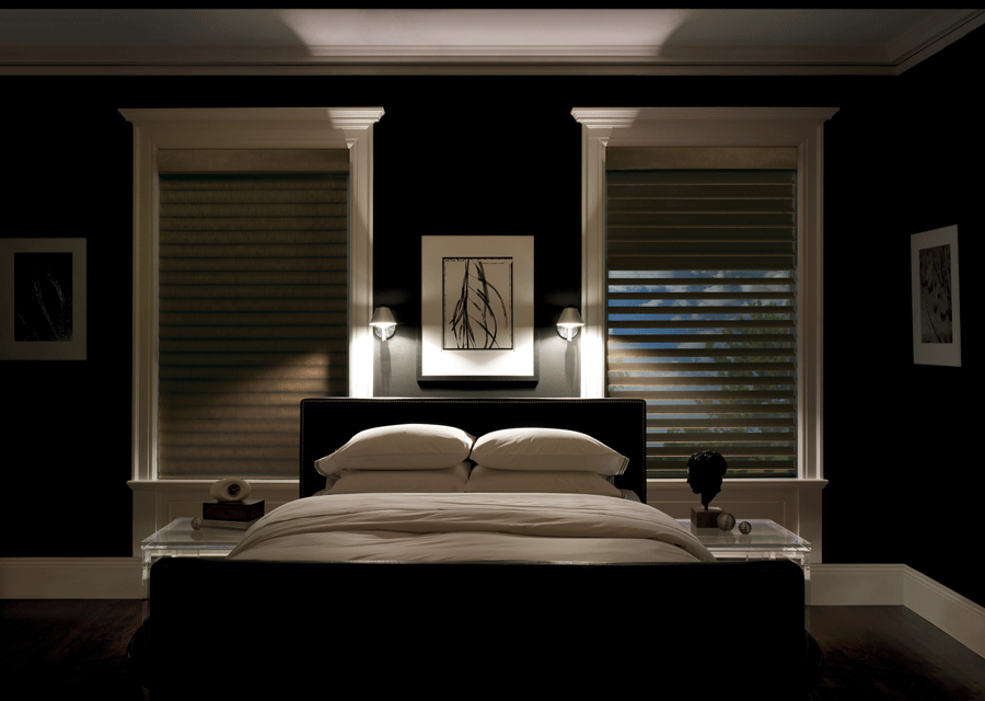 solve window problems with room darkening silhouette shades in bedrooms Rocklin CA