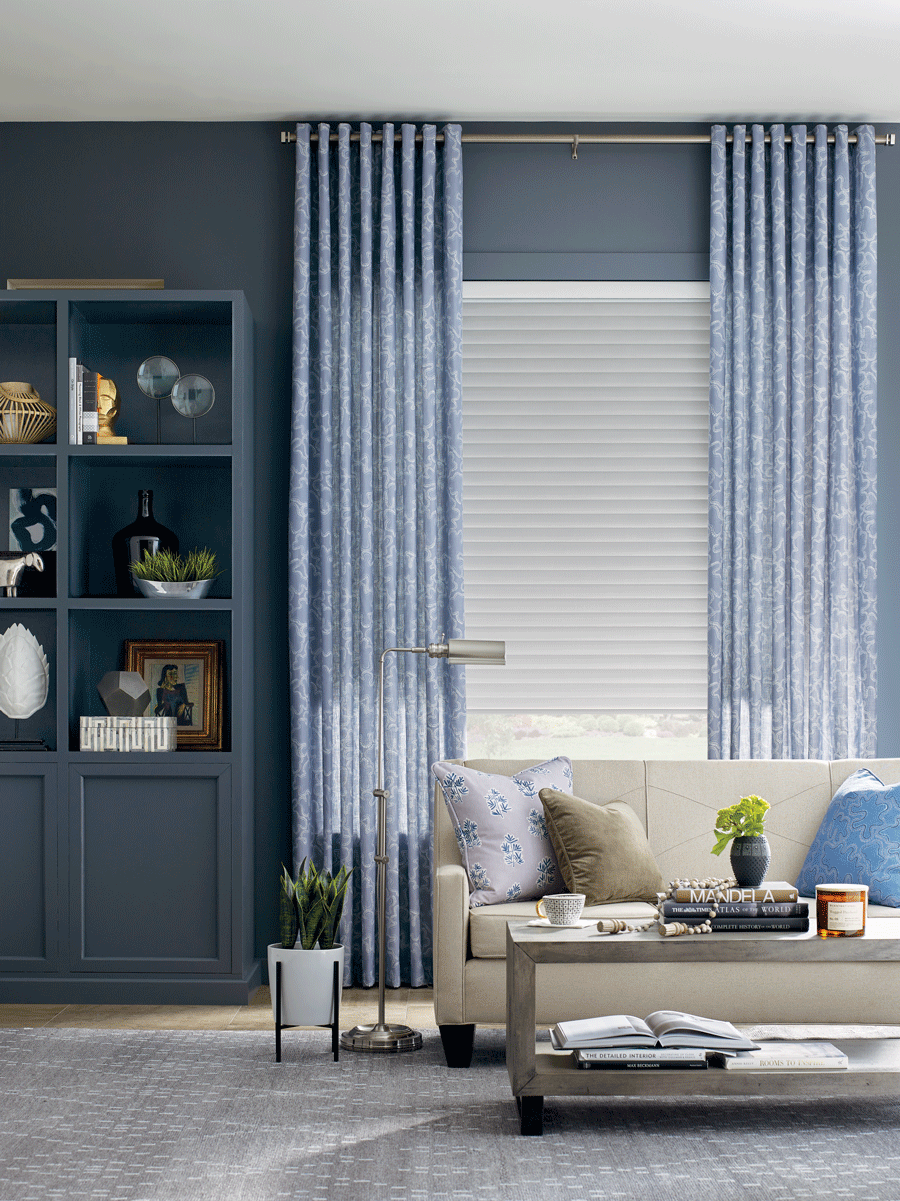 living room blue draperies with white window shades Folsom CA