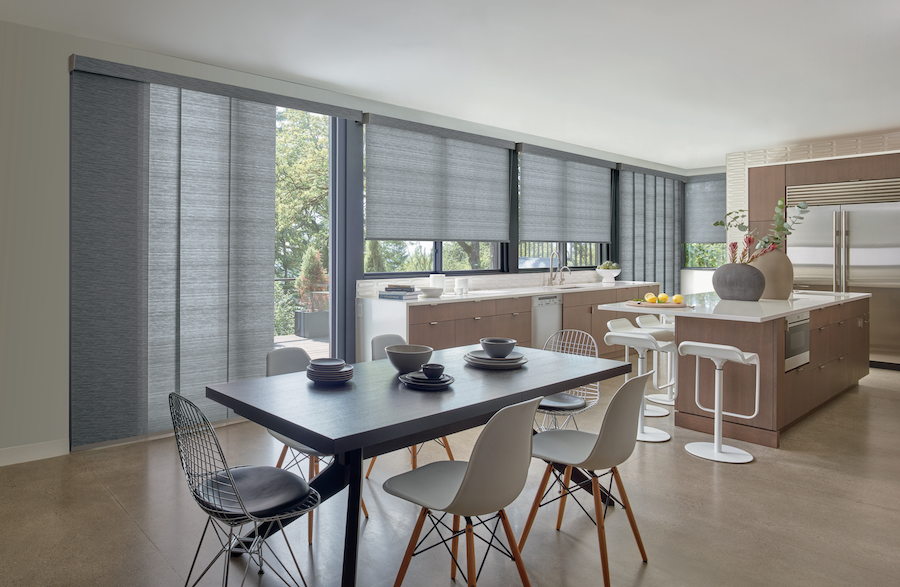 Rocklin, CA, Kitchen with gray Designer Roller Shade fabrics.