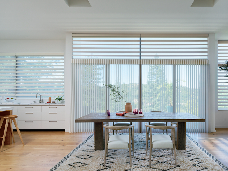 Horizontal and vertical shades in dining room.