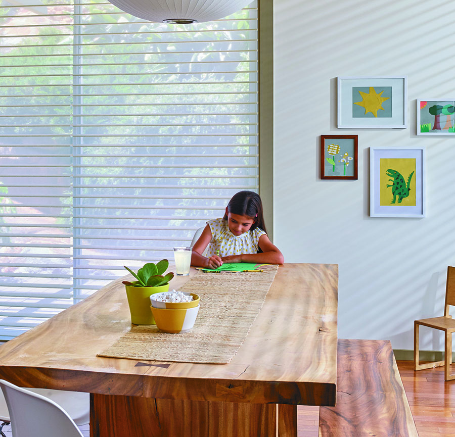 Automated shades on windows around kitchen table.