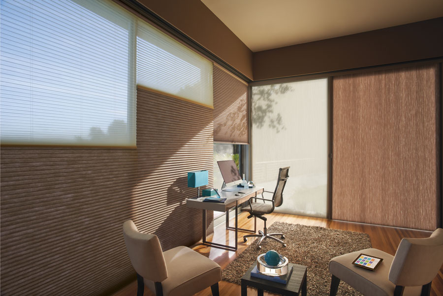 Dual honeycomb shades on sliding doors for balanced light in Folsom CA home