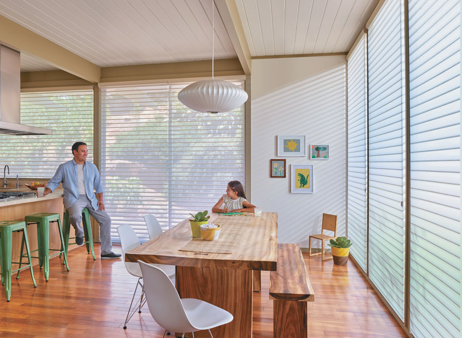 floor to ceiling windows with silhouette shades with top design features