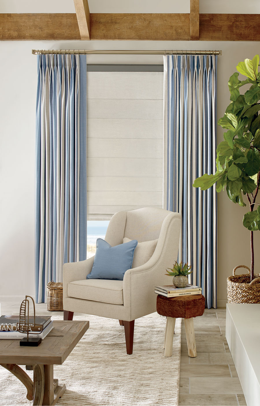 Blue draperies in living room