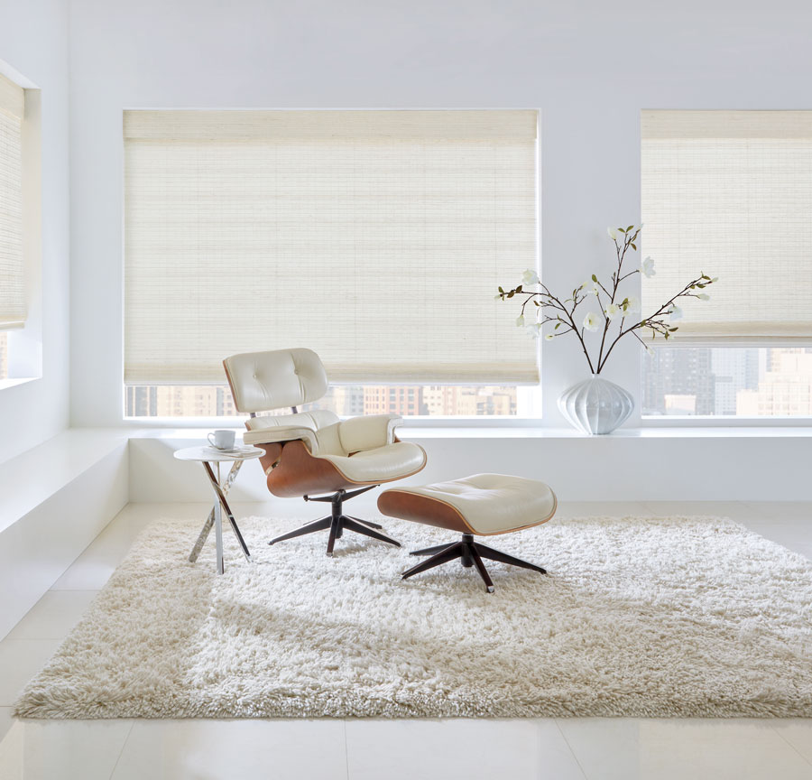 Living room with woven woods shades in white