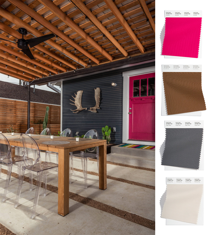 patio deck with the upcoming color palette 2022 used on pink door and gray siding