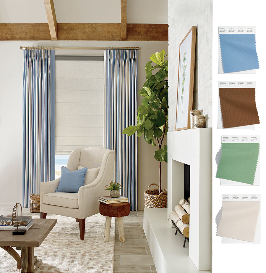 hunter douglas drapery panels in light blue and creamy satin stripes in california