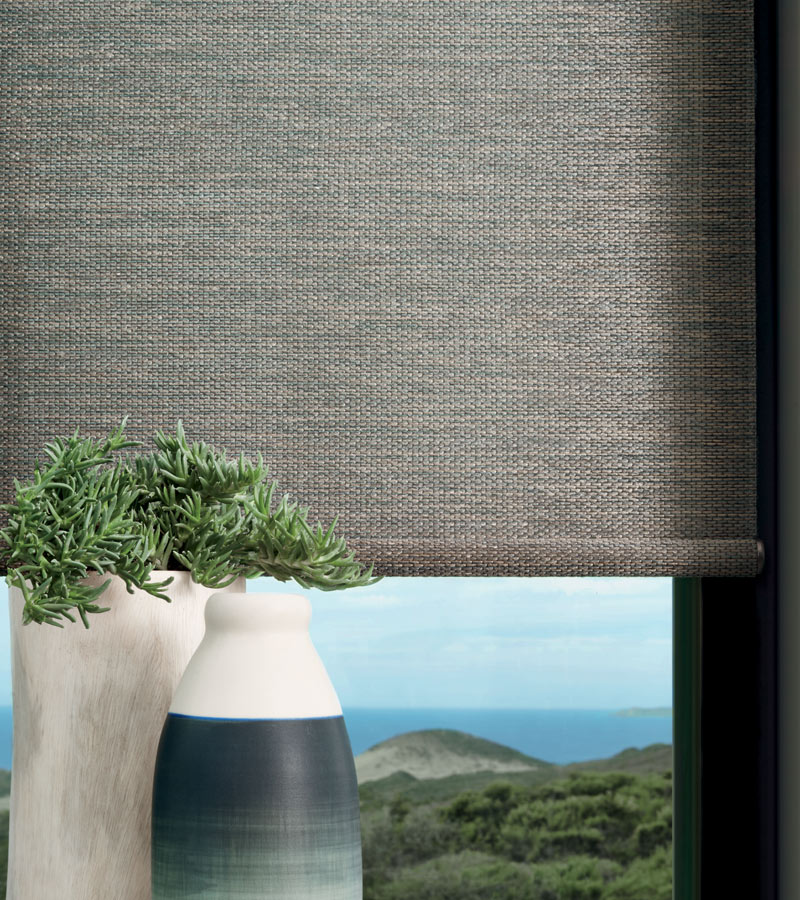 gray custom roller shades overlooking Northern, CA lake