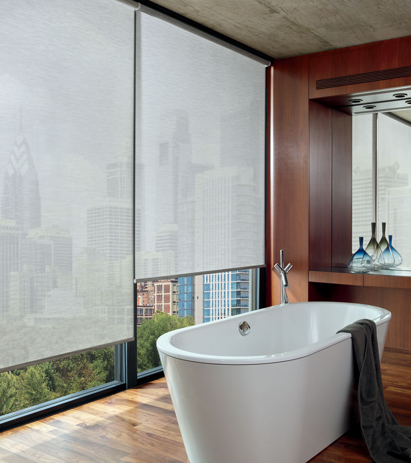 automated shades for floor to ceiling windows in Folsom, CA bathroom