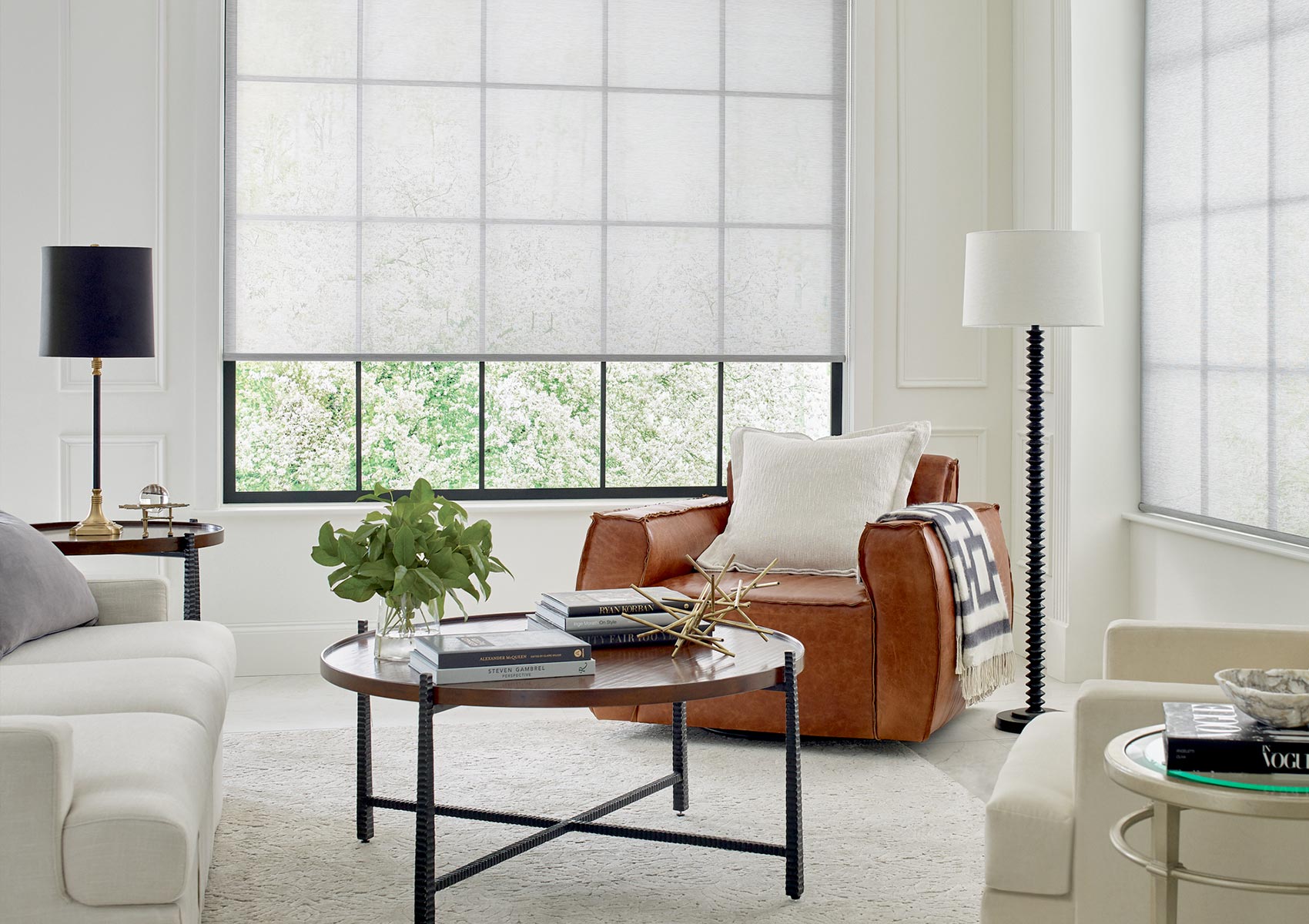 designer custom roller shades in mid century modern living room El Dorado Hills, CA