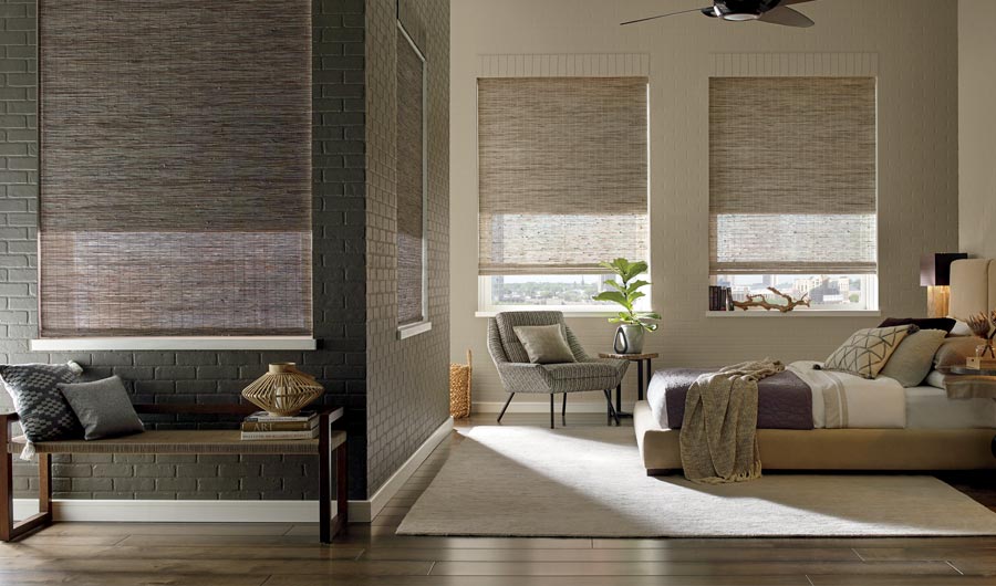 beige and purple master bedroom with woven wood shades in Rocklin, CA