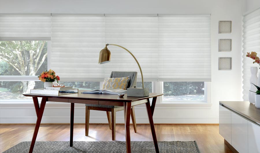 home office with white roman shades in el Dorado Hills, CA