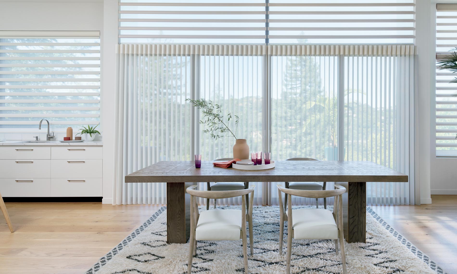 privacy sheers and vertical shades in modern farmhouse Rocklin, CA