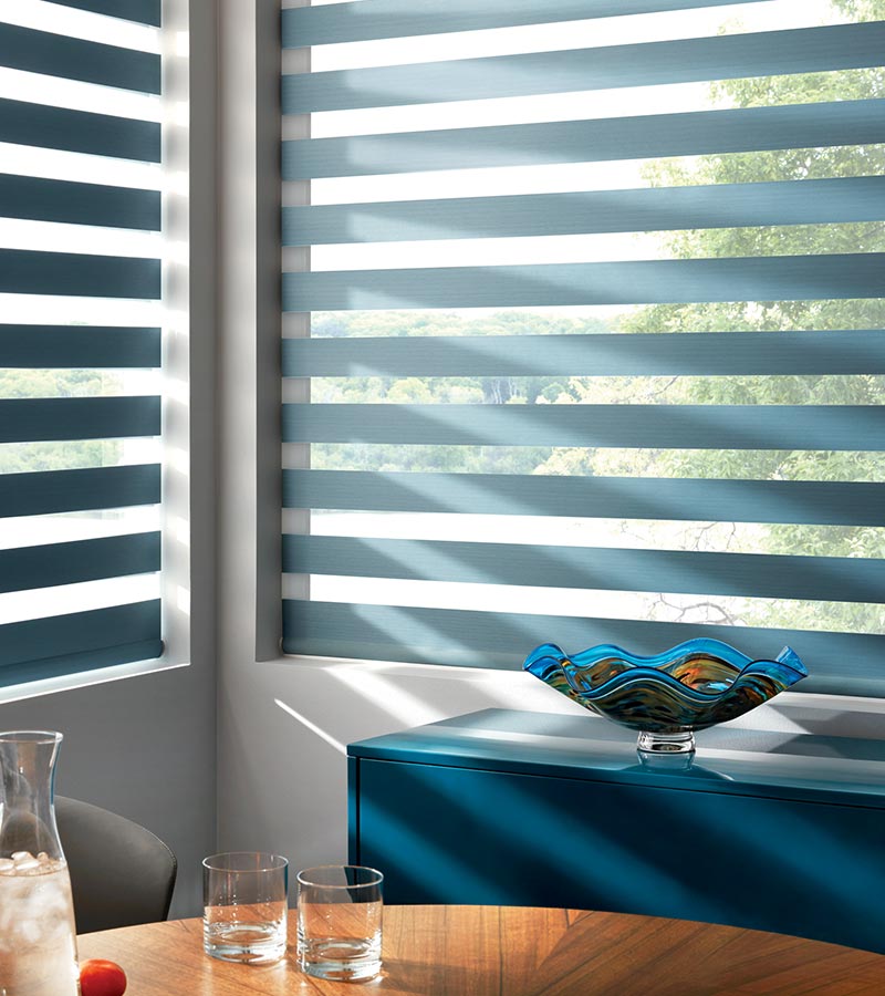 open blue banded shades in Folsom, CA dining room