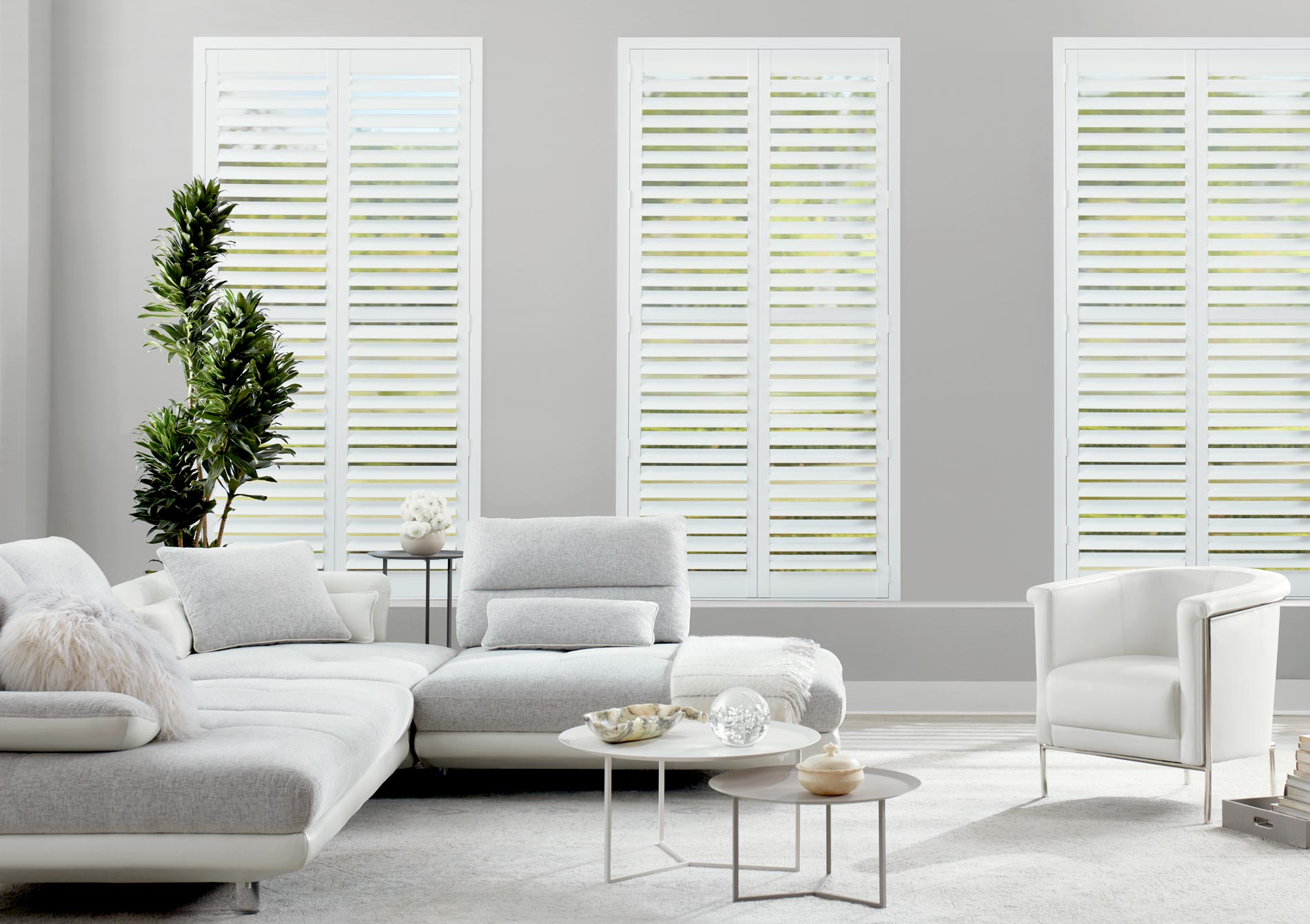 hunter douglas newstyle composite shutters in white living room Rocklin, CA