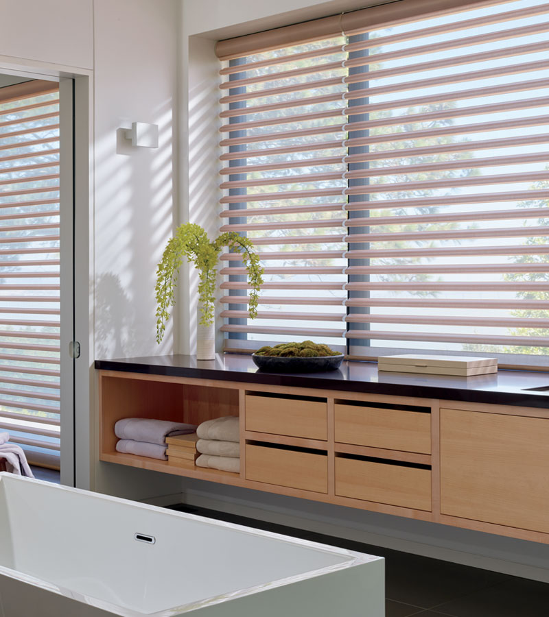 modern bathroom with pink window treatments in Folsom, CA
