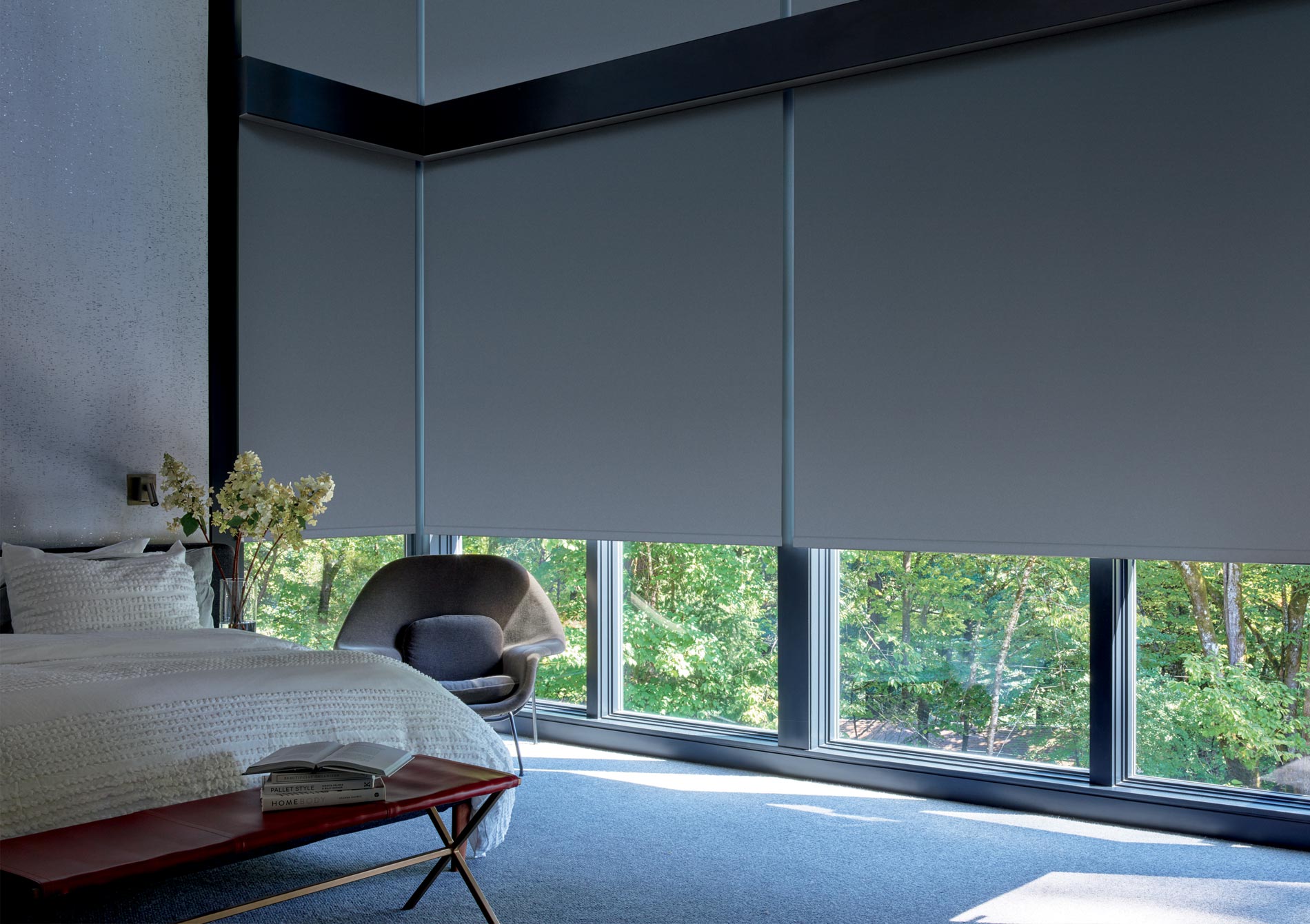 Room Darkening Solutions Designer Screen Shades Hunter Douglas California Window Fashions Chair Bedroom Grey Blue 