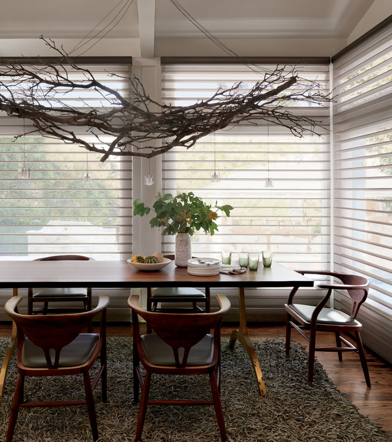 modern rustic dining room with silhouette shades in Lincoln, CA