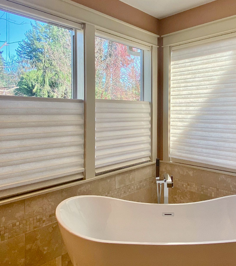 custom luxury white privacy shades in master bathroom Lincoln, CA