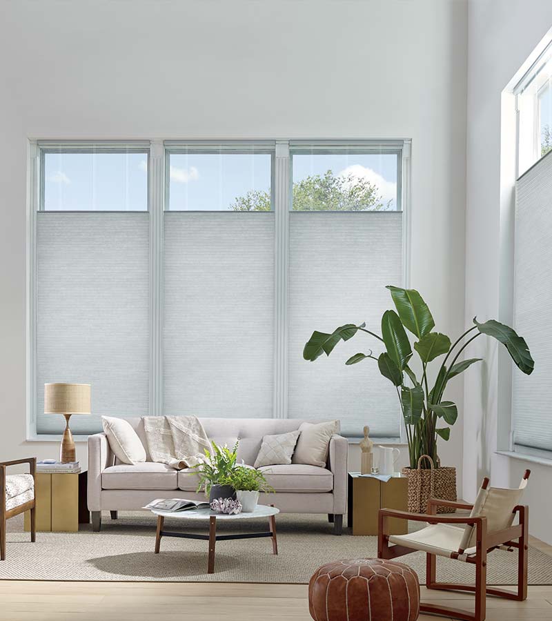 white living room with gray top lowering window treatments in Lincoln, CA