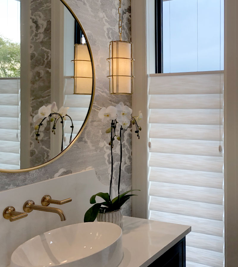 luxury custom top down bottom up window treatments in wallpapered bathroom Roseville, CA