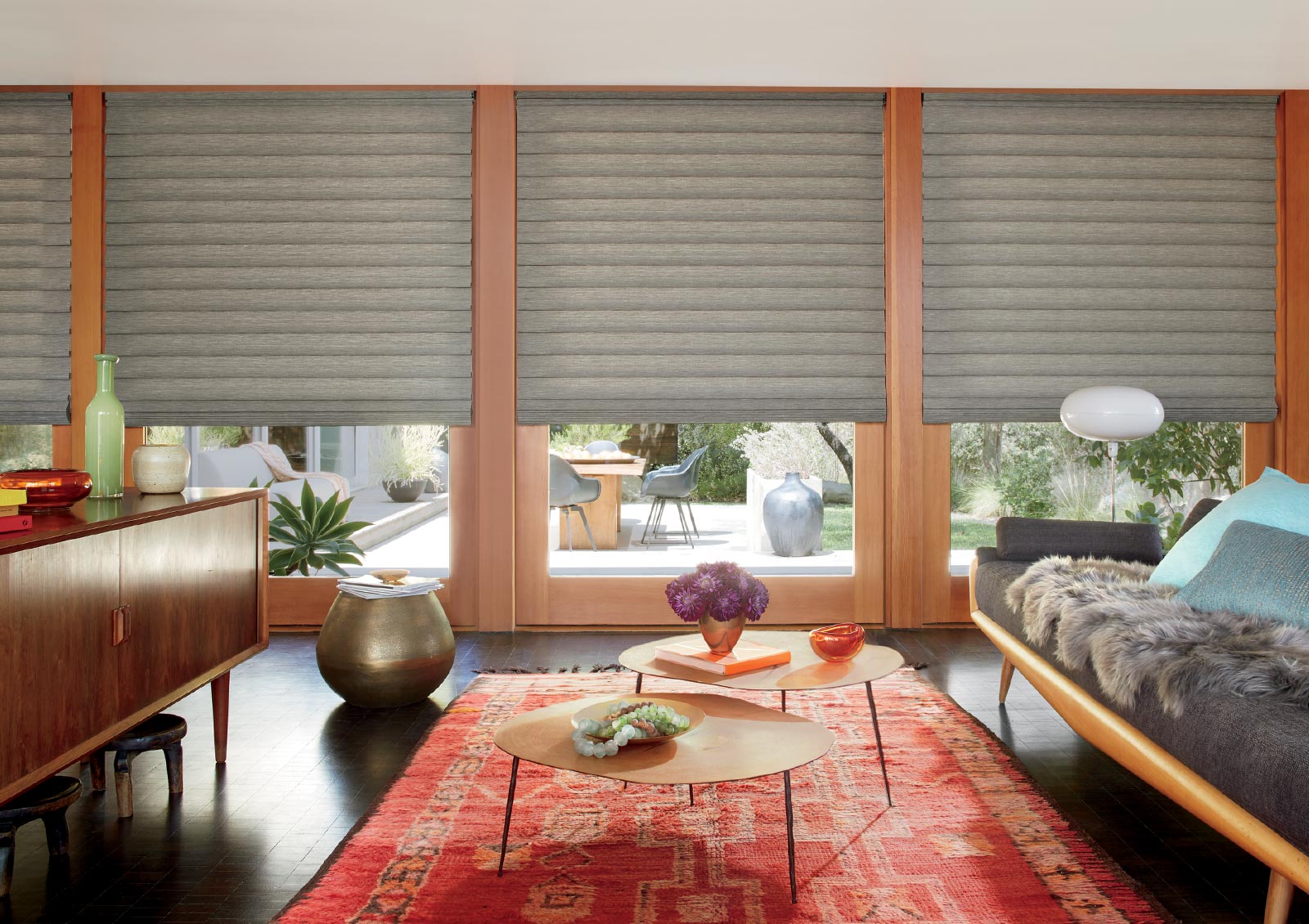 greige window shades on glass patio doors in Folsom, California bohemian living room