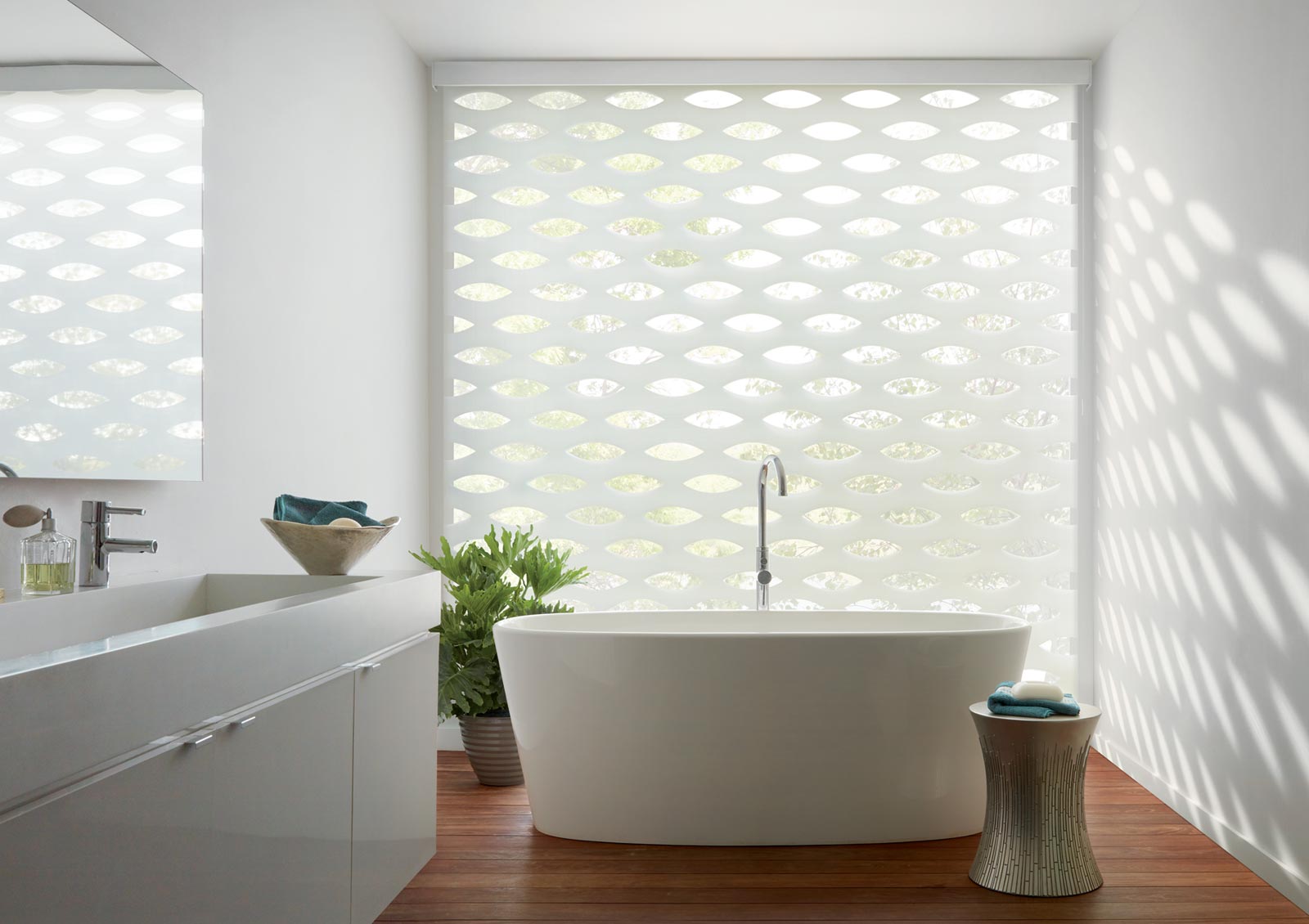 sheer bathroom shades that open with geometric laser cut pattern in Roseville, CA