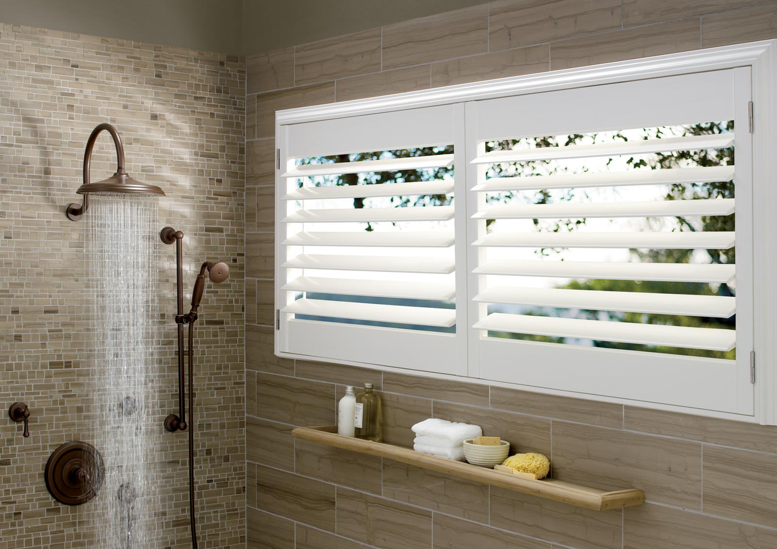 white plantation shutters inside a walk in shower in el Dorado Hills, CA