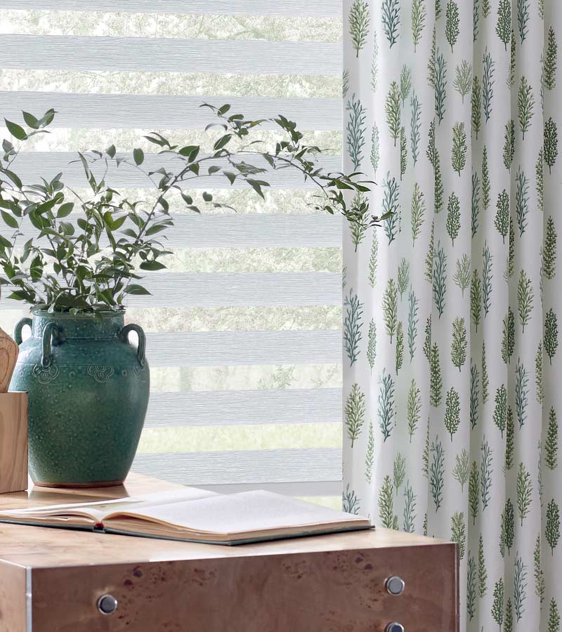 design studio embroidered drapery and designer banded shades
