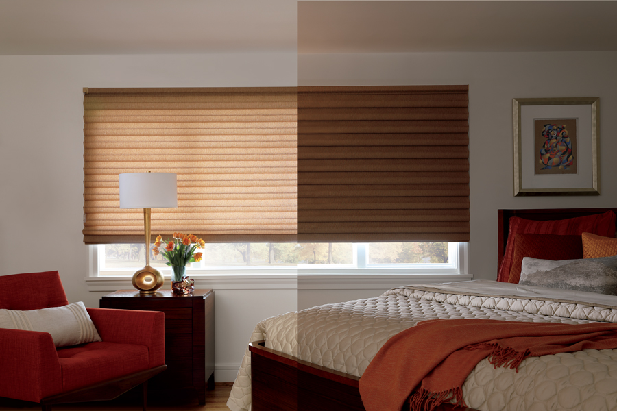 comparison of light filtering fabric and room darkening fabric on the same window