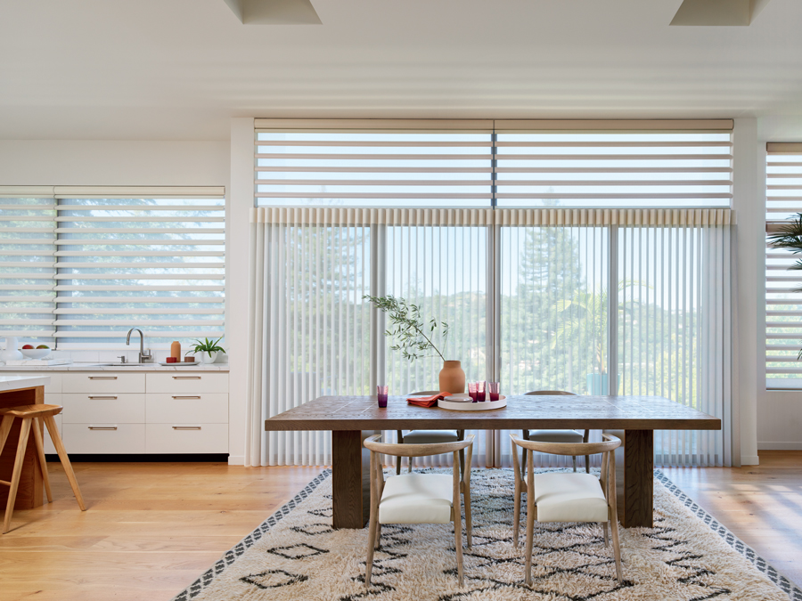 sheer shades on doors and silhouette shades on windows in the same home