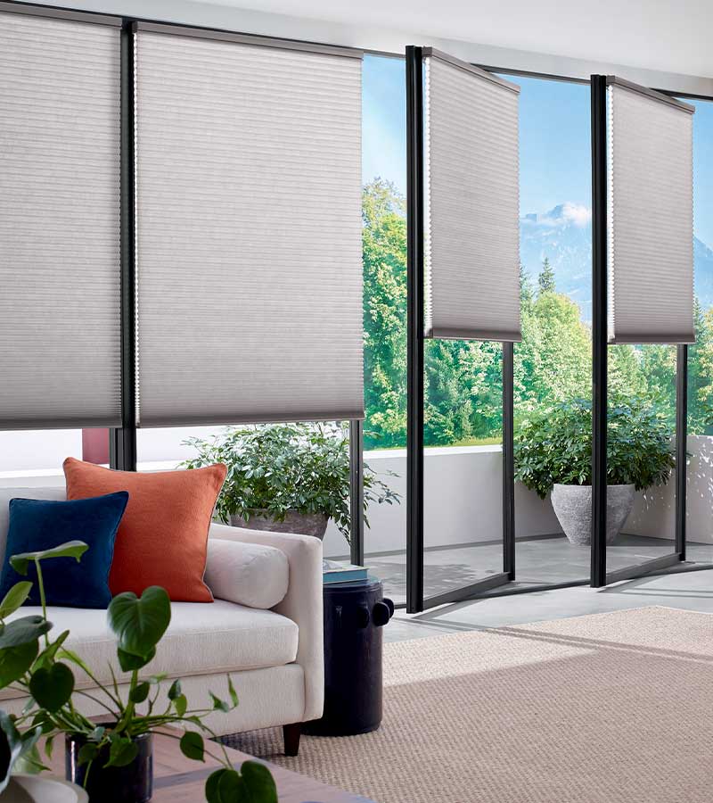 european glass doors overlaid with cellular energy efficient window shadings by Hunter Douglas in Roseville, CA