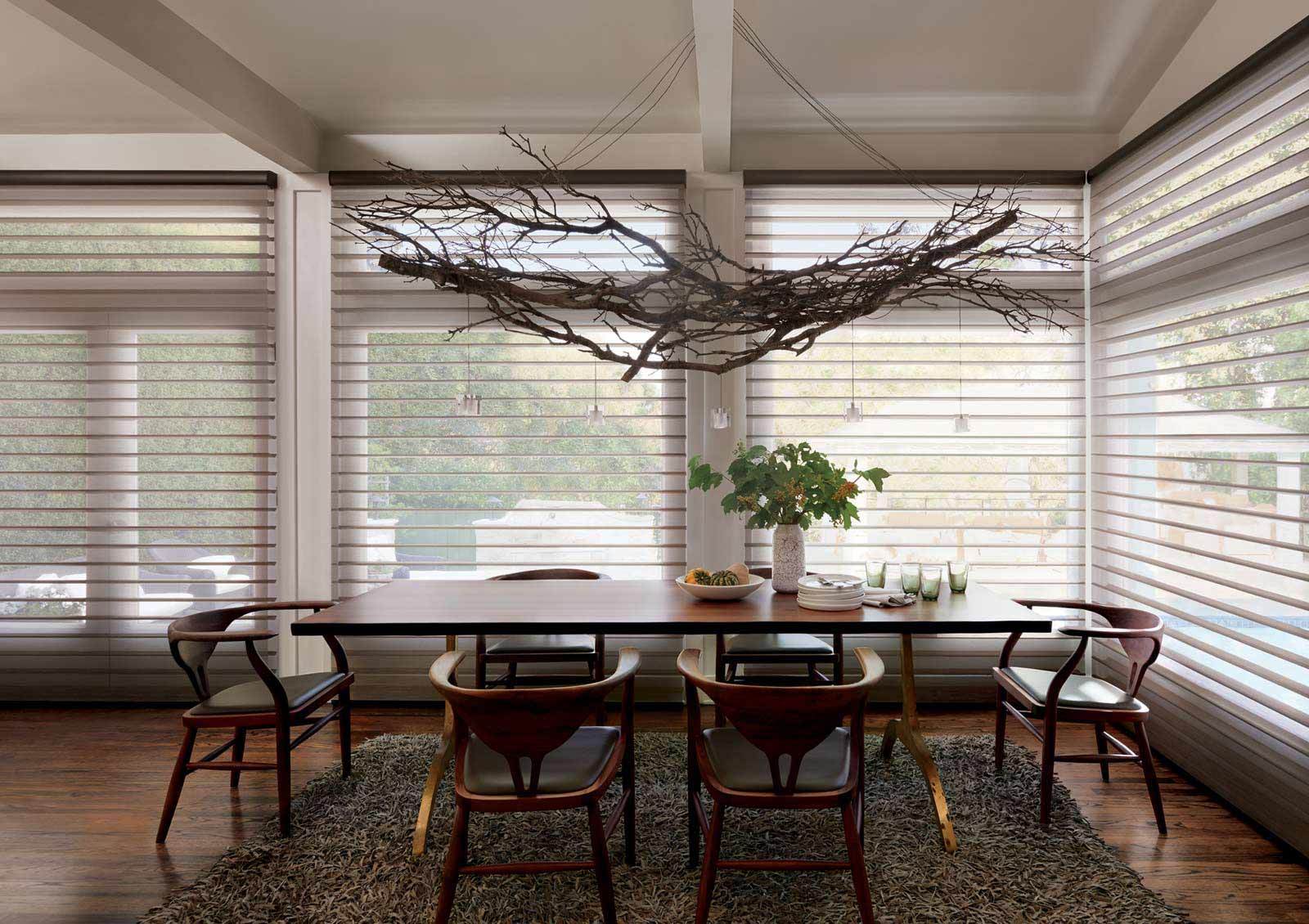 light filtering sheer shades in modern roseville, CA dining room with wood accents