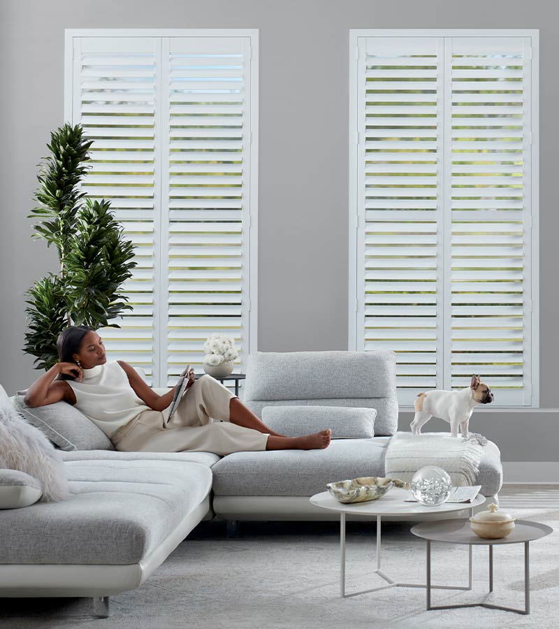 floor to ceiling white shutters for pet friendly safety Roseville, CA