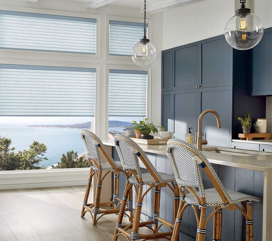 blue cabinetry and modern bar area with large picture windows and cellular window coverings